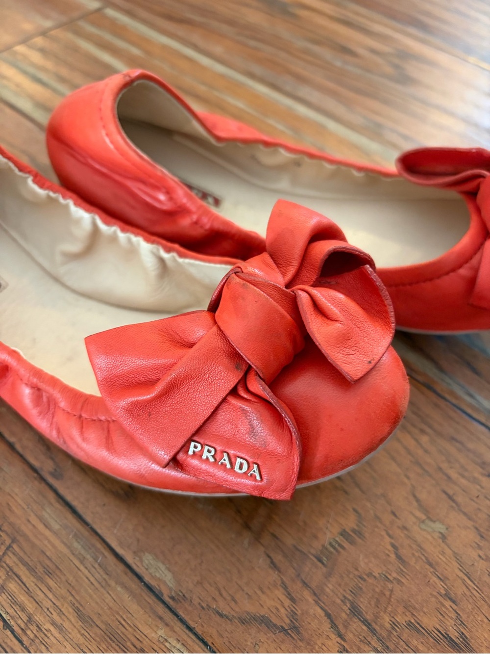 Prada Coral-Red Leather Bow Ballet Flats